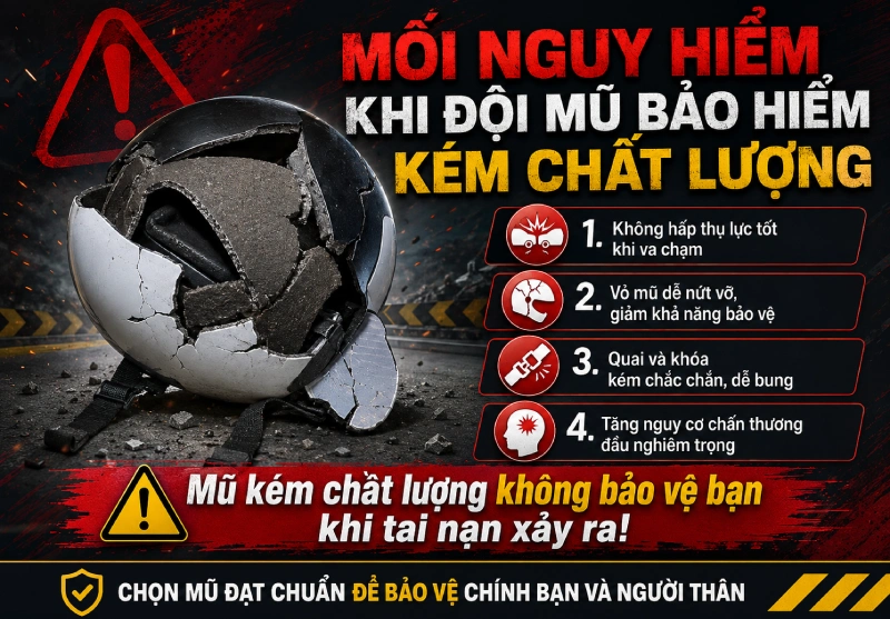 Đội mũ bảo hiểm kém chất lượng nguy hiểm thế nào?